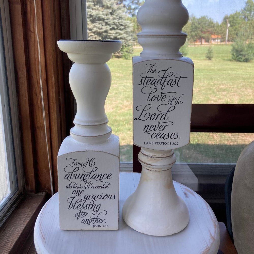 Blessings Unlimited / Mary and Martha Bible Verse White Pillar Candle Holders